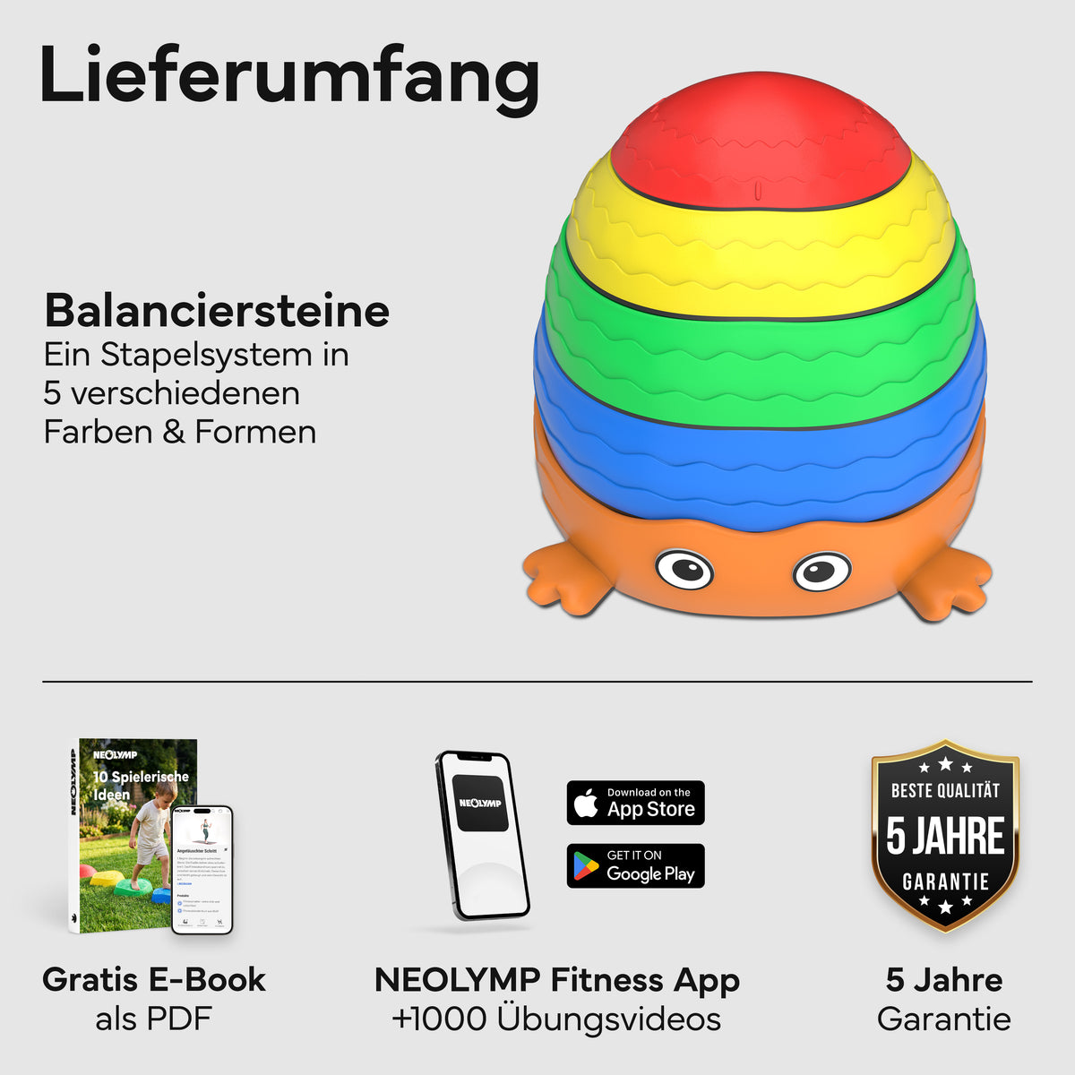 Balanciersteine für Kinder, 5er-Set stapelbar | B-Ware - - Outlet von NEOLYMP | Fitnessequipment und Sportartikel