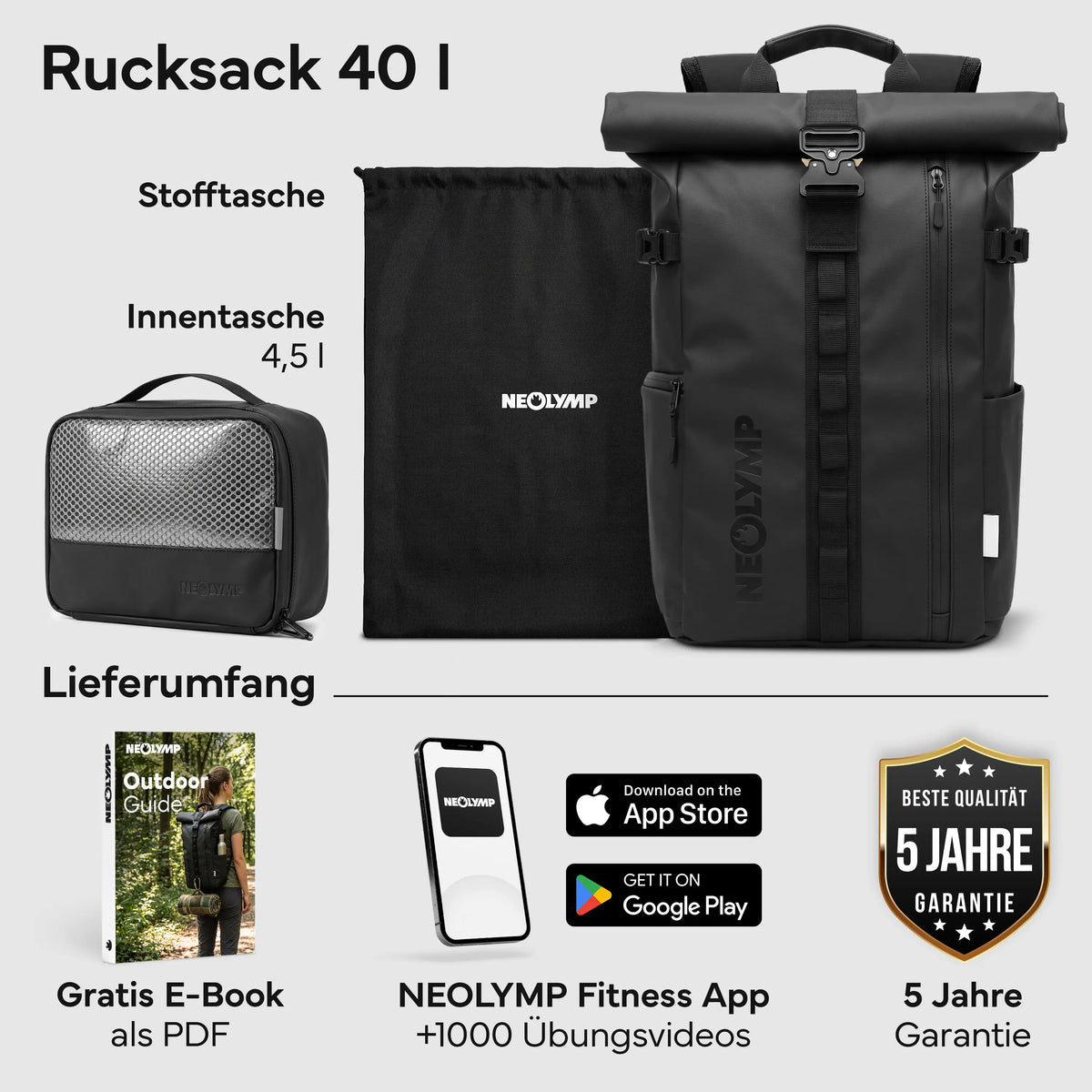 Rucksack Rolltop 40 Liter - Wasserdicht | B-Ware - - Outlet von NEOLYMP | Fitnessequipment und Sportartikel