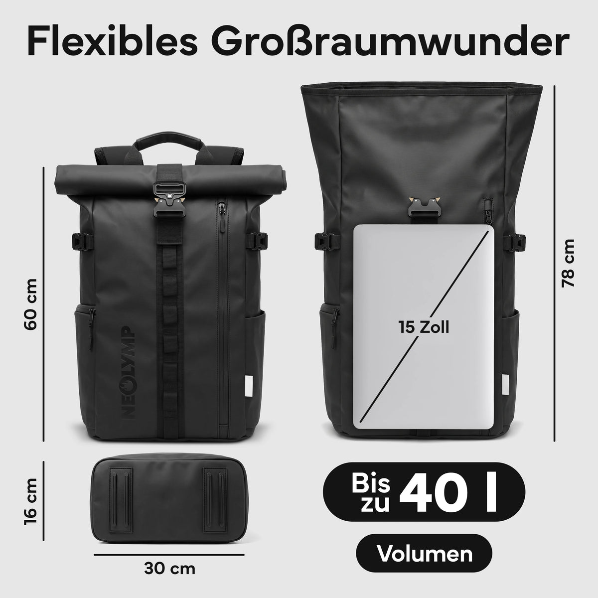 Rucksack Rolltop 40 Liter - Wasserdicht | B-Ware - - Outlet von NEOLYMP | Fitnessequipment und Sportartikel