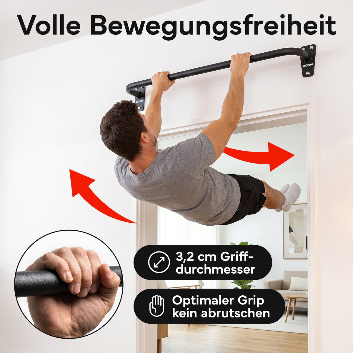 Klimmzugstange für Wandmontage, Pull Up Bar über der Tür – Schwarz | B-Ware - - Outlet von NEOLYMP | Fitnessequipment und Sportartikel