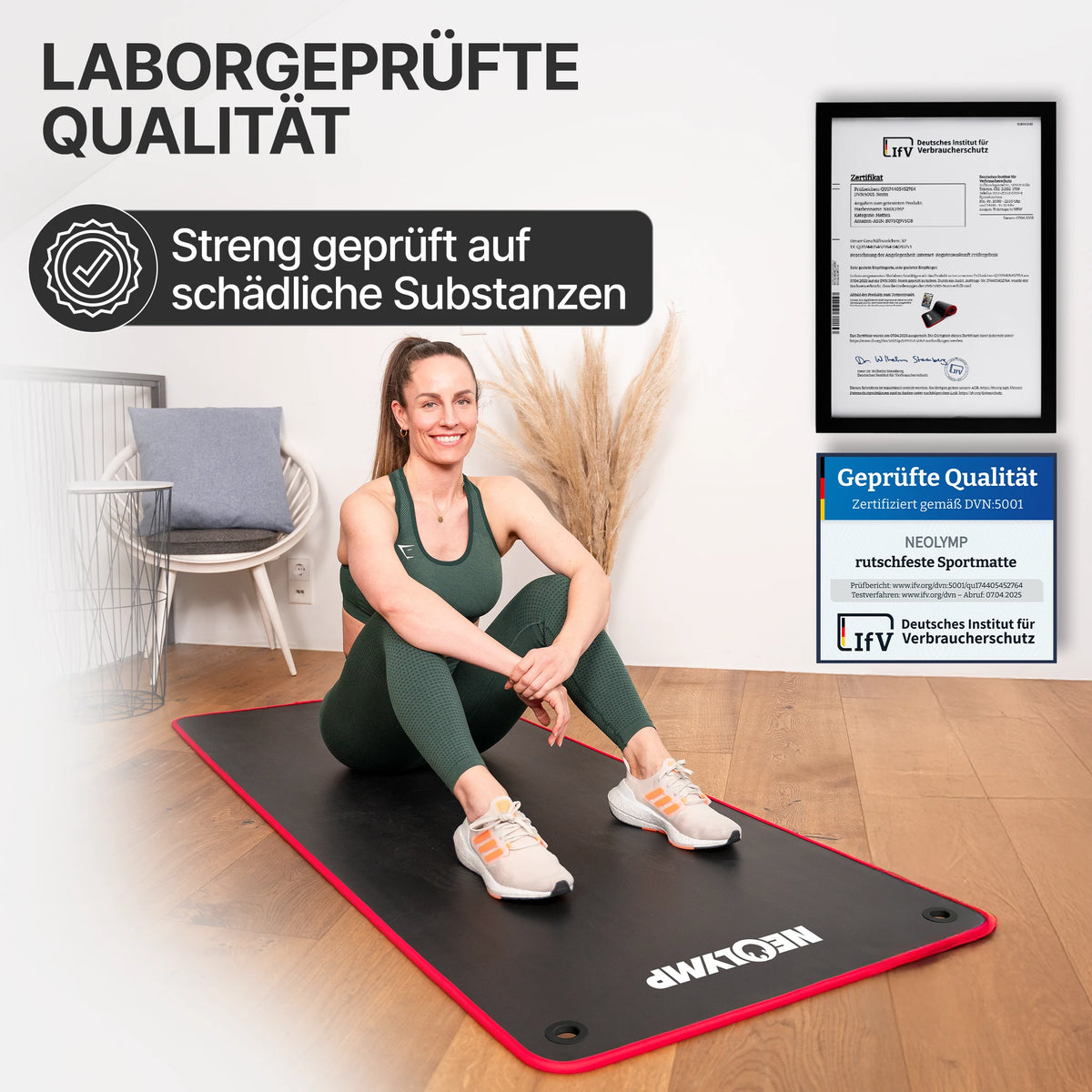 Fitnessmatte mit Ösen - extra dick und rutschfest – Schwarz / Rot (61 cm) / 1 Matte | B-Ware - - Outlet von NEOLYMP | Fitnessequipment und Sportartikel