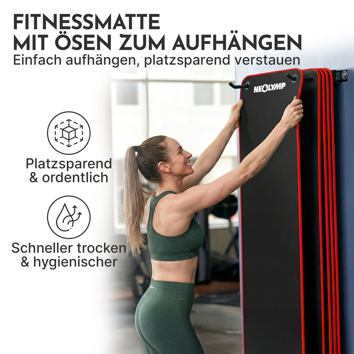 Fitnessmatte mit Ösen - extra dick und rutschfest - Schwarz - Sportmatte von NEOLYMP | Fitnessequipment und Sportartikel