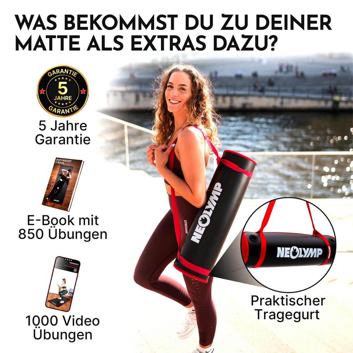 Fitnessmatte mit Ösen - extra dick und rutschfest – Schwarz / Rot (61 cm) / 1 Matte | B-Ware - - Outlet von NEOLYMP | Fitnessequipment und Sportartikel