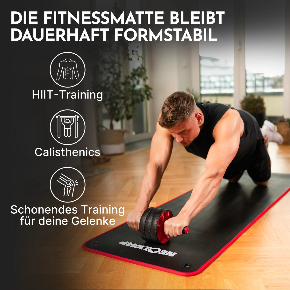Fitnessmatte mit Ösen - extra dick und rutschfest – Schwarz / Rot (61 cm) / 1 Matte | B-Ware - - Outlet von NEOLYMP | Fitnessequipment und Sportartikel