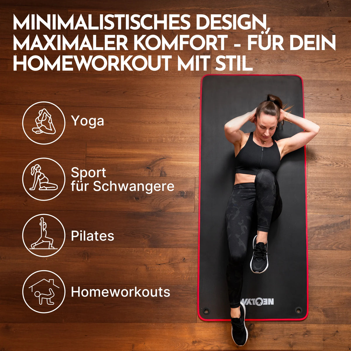 Fitnessmatte mit Ösen - extra dick und rutschfest – Schwarz / Rot (61 cm) / 1 Matte | B-Ware - - Outlet von NEOLYMP | Fitnessequipment und Sportartikel