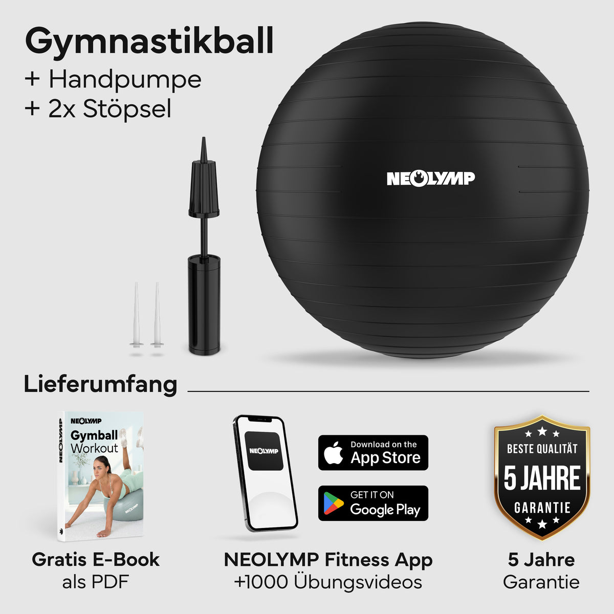 Gymnastikball - für aktives Sitzen, Recovery und Physio – Schwarz / M (165 cm) | B-Ware - - Outlet von NEOLYMP | Fitnessequipment und Sportartikel