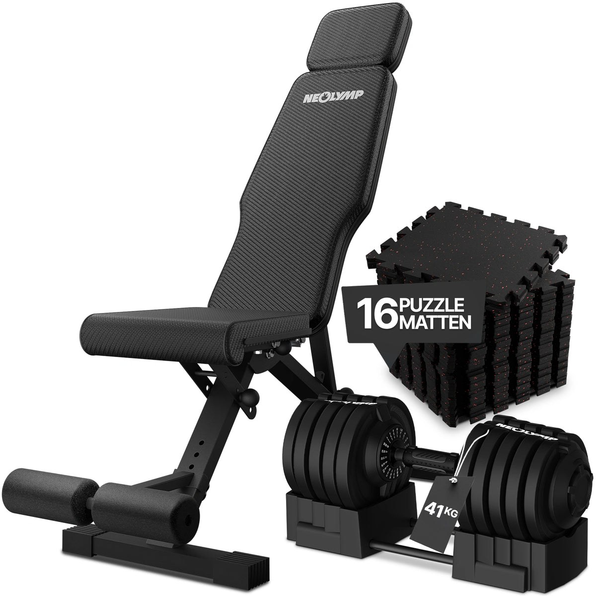 Hantelbank schwarz - rutschfest, mit Carbonfaser-Bezug - Hantel + Bank Bundle: 41 kg - Sportgerät von NEOLYMP | Fitnessequipment und Sportartikel