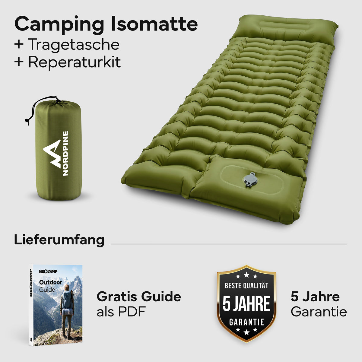 Isomatte Single - kombinierbar, integrierte Luftpumpe – Army Green | B-Ware - - Outlet von NEOLYMP | Fitnessequipment und Sportartikel
