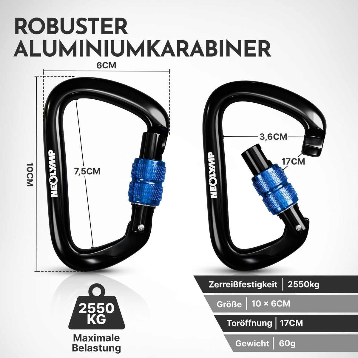 Ultraleichter Verschlusskarabiner mit Screw-Lock (Aluminium, mit Schnellverschluss) (Karabiner 2er-Set) - - Zubehör von NEOLYMP | Fitnessequipment und Sportartikel