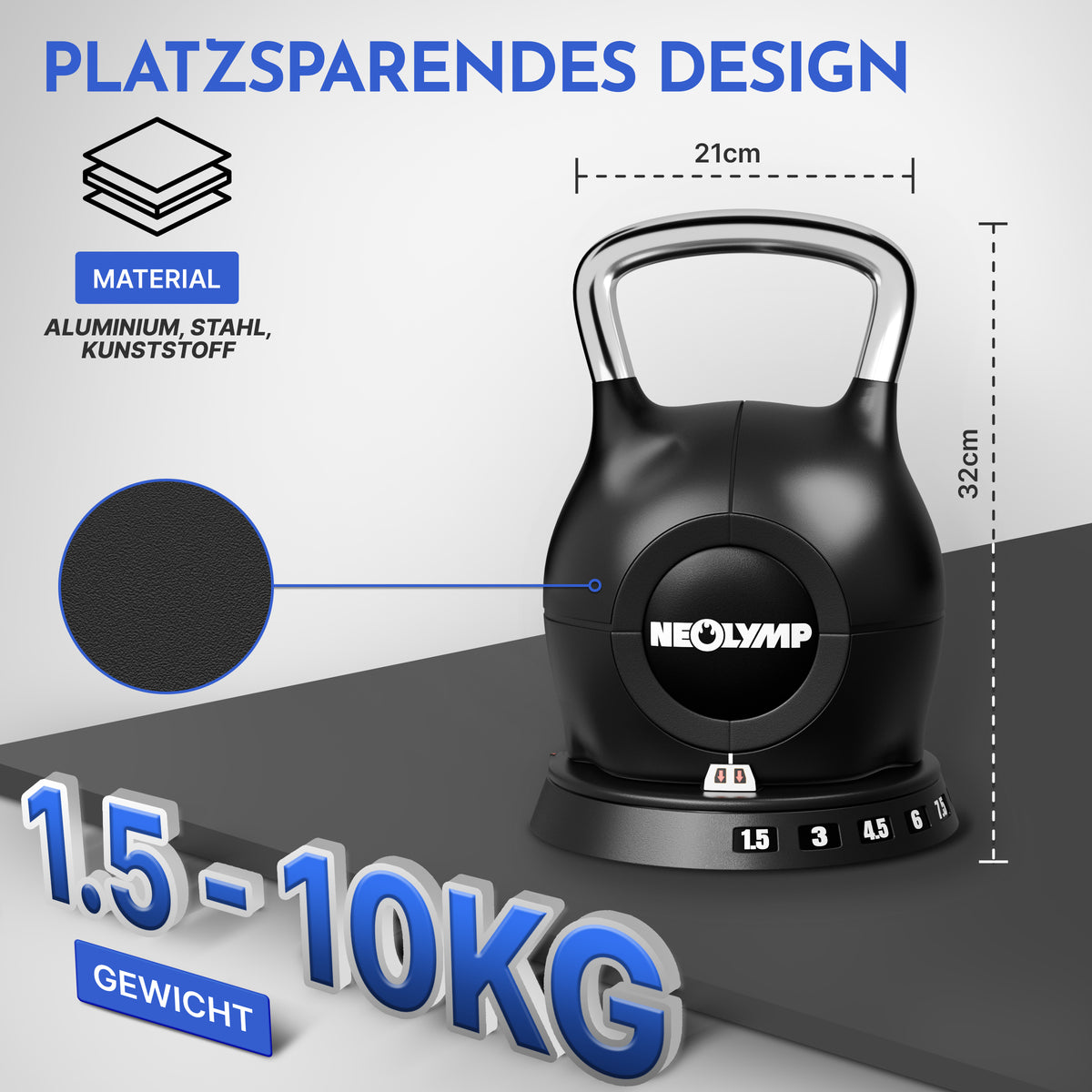 Kettlebell mit verstellbarem Gewicht (7 in 1) - bis 10 kg oder 20 kg - Kettlebell verstellbar 1.5-10 kg - Kettlebell von NEOLYMP | Fitnessequipment und Sportartikel