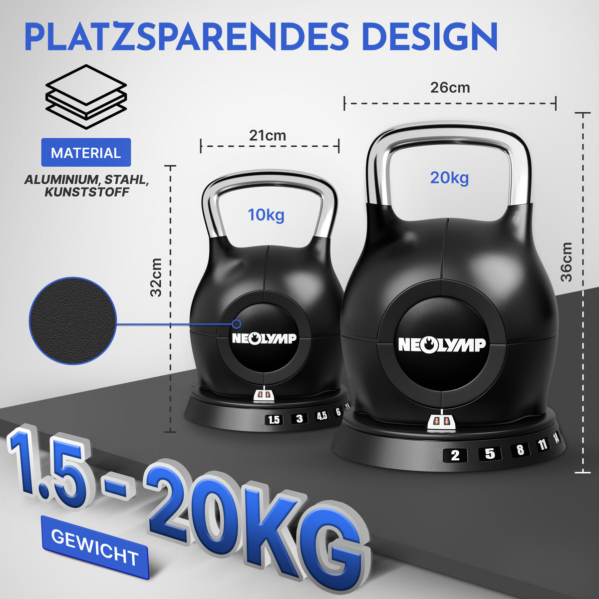 Kettlebell mit verstellbarem Gewicht (7 in 1) - bis 10 kg oder 20 kg - 2er-Set Kettlebell (1.5-10 kg & 2-20 kg) - Kettlebell von NEOLYMP | Fitnessequipment und Sportartikel