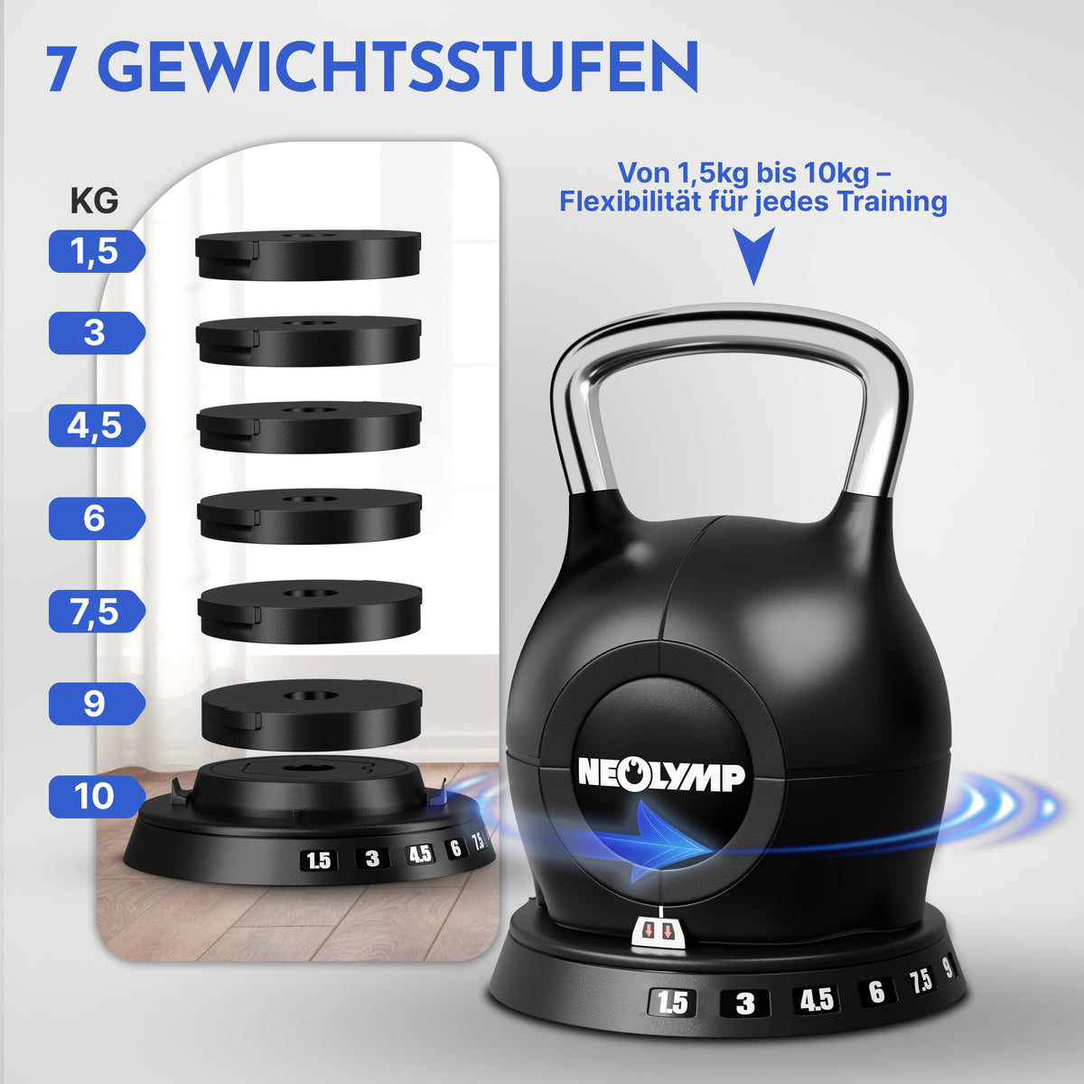 Kettlebell mit verstellbarem Gewicht (7 in 1) - bis 10 kg oder 20 kg - Kettlebell verstellbar 1.5-10 kg - Kettlebell von NEOLYMP | Fitnessequipment und Sportartikel