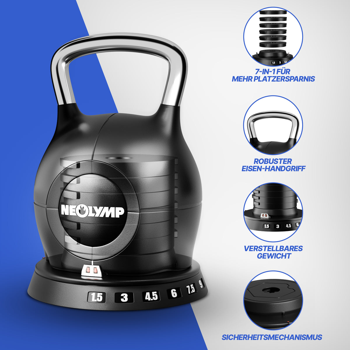 Kettlebell mit verstellbarem Gewicht (7 in 1) - bis 10 kg oder 20 kg - Kettlebell verstellbar 1.5-10 kg - Kettlebell von NEOLYMP | Fitnessequipment und Sportartikel