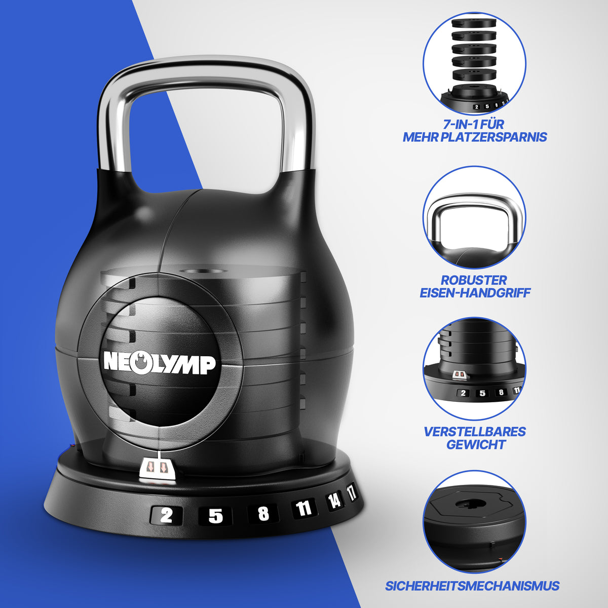 Kettlebell mit verstellbarem Gewicht (7 in 1) - bis 10 kg oder 20 kg - 2er-Set Kettlebell (1.5-10 kg & 2-20 kg) - Kettlebell von NEOLYMP | Fitnessequipment und Sportartikel