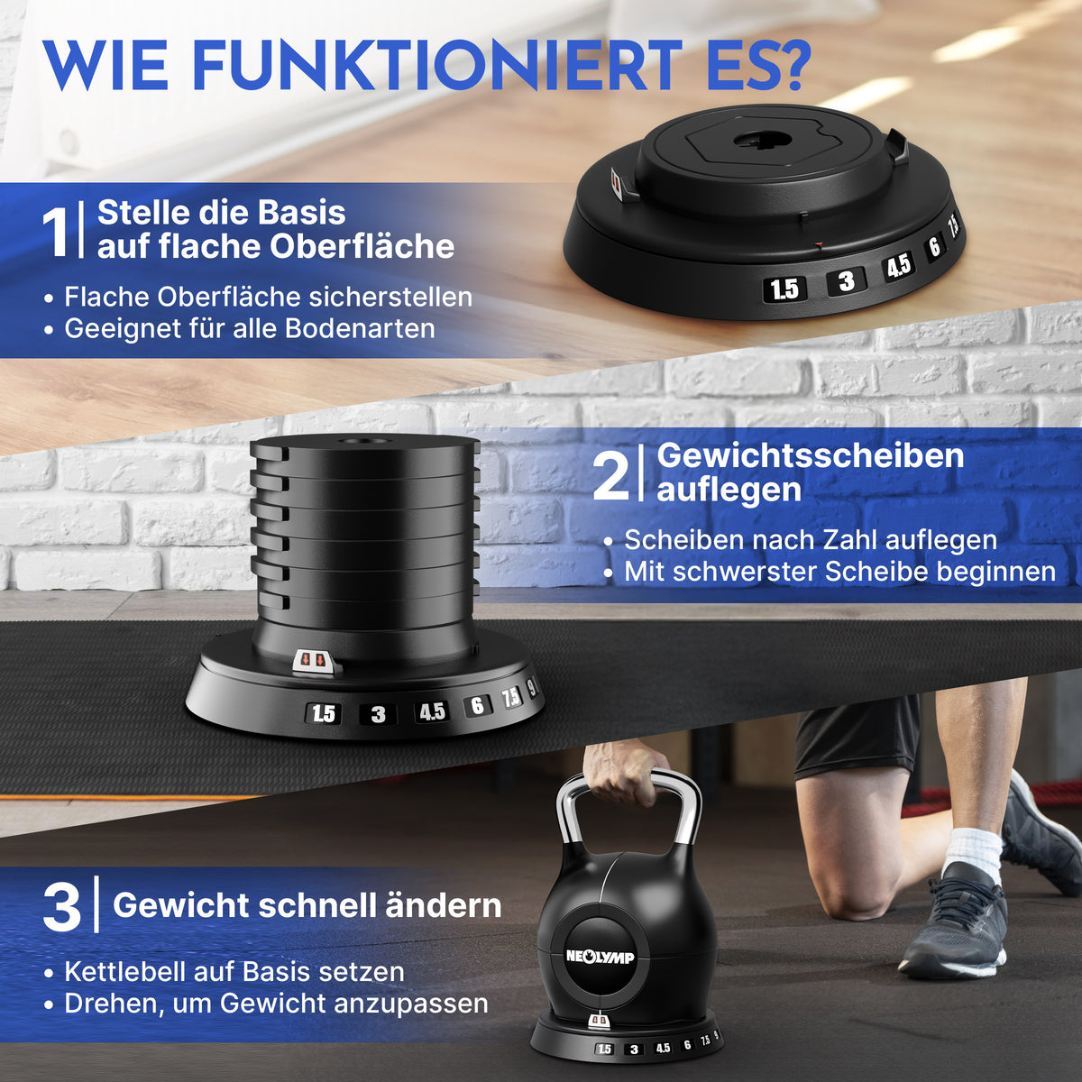 Kettlebell mit verstellbarem Gewicht (7 in 1) - bis 10 kg oder 20 kg - Kettlebell verstellbar 2-20 kg - Kettlebell von NEOLYMP | Fitnessequipment und Sportartikel