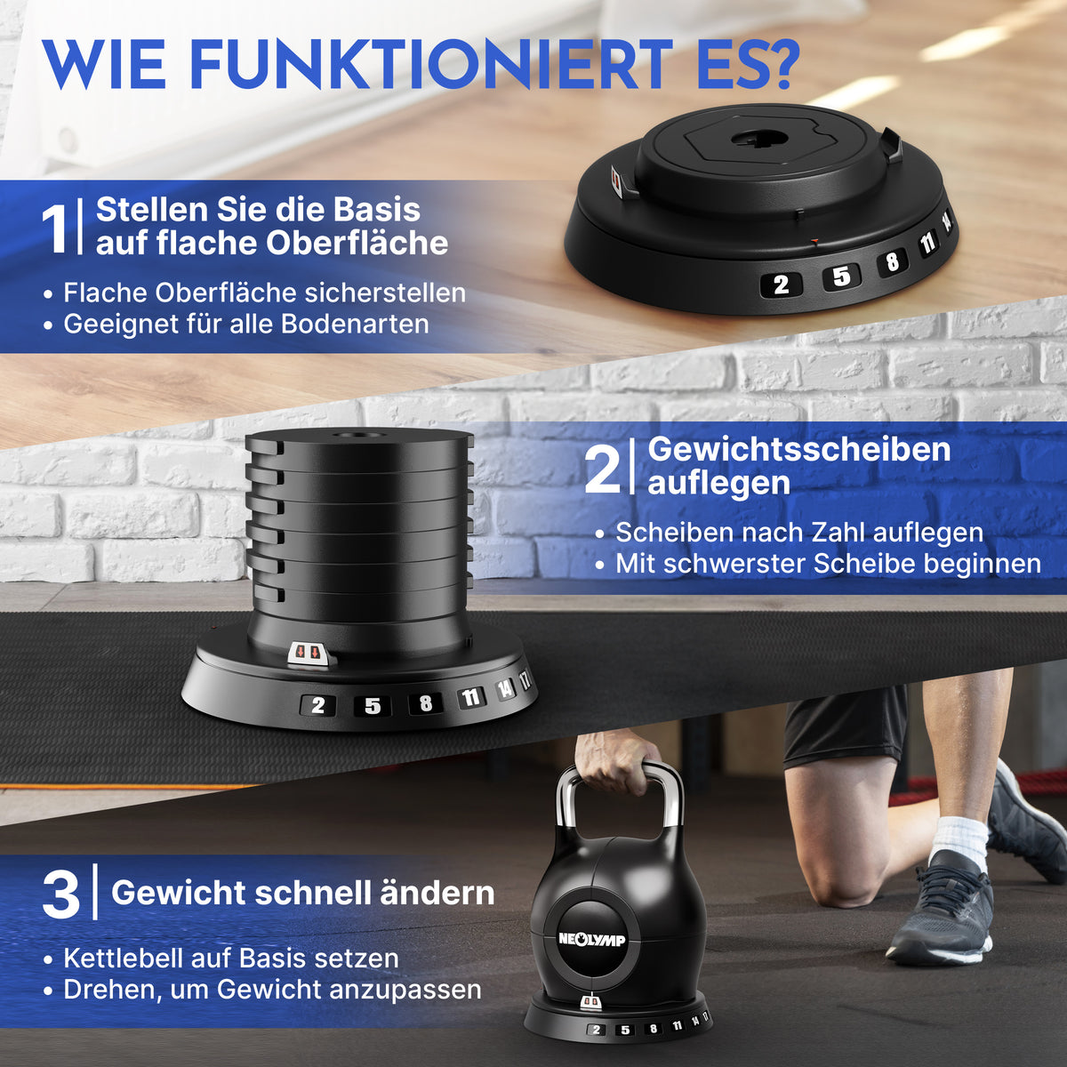 Kettlebell mit verstellbarem Gewicht (7 in 1) - bis 10 kg oder 20 kg - Kettlebell verstellbar 1.5-10 kg - Kettlebell von NEOLYMP | Fitnessequipment und Sportartikel