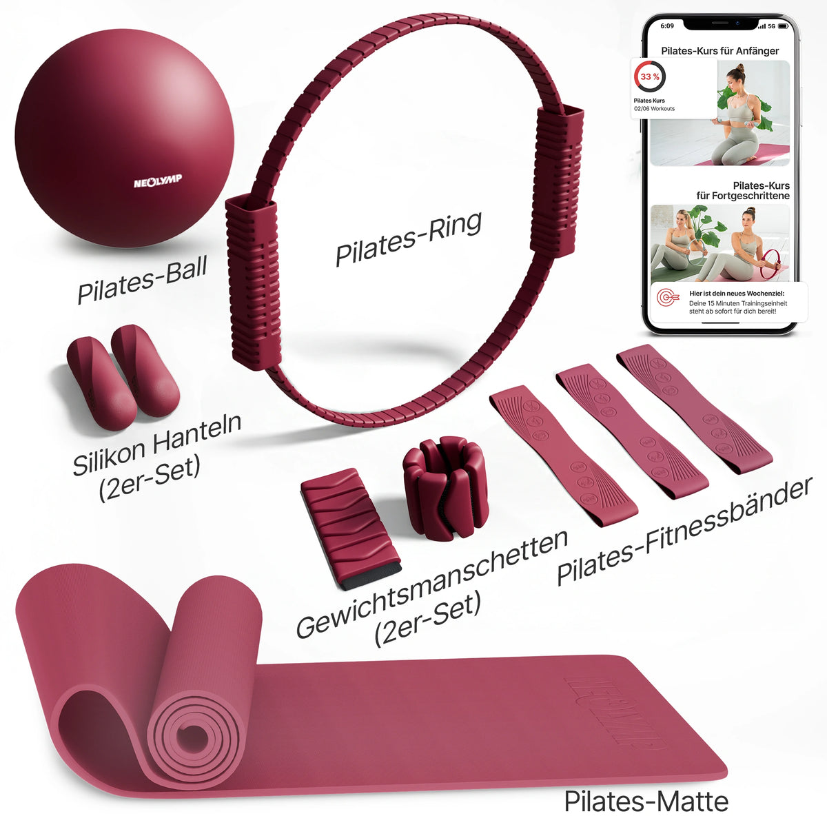 Pilates Komplett-Set Premium - mit Geschenkbox - Berry PRO Set: mit Pilatesmatte + Kurs - Sportgerät von NEOLYMP | Fitnessequipment und Sportartikel