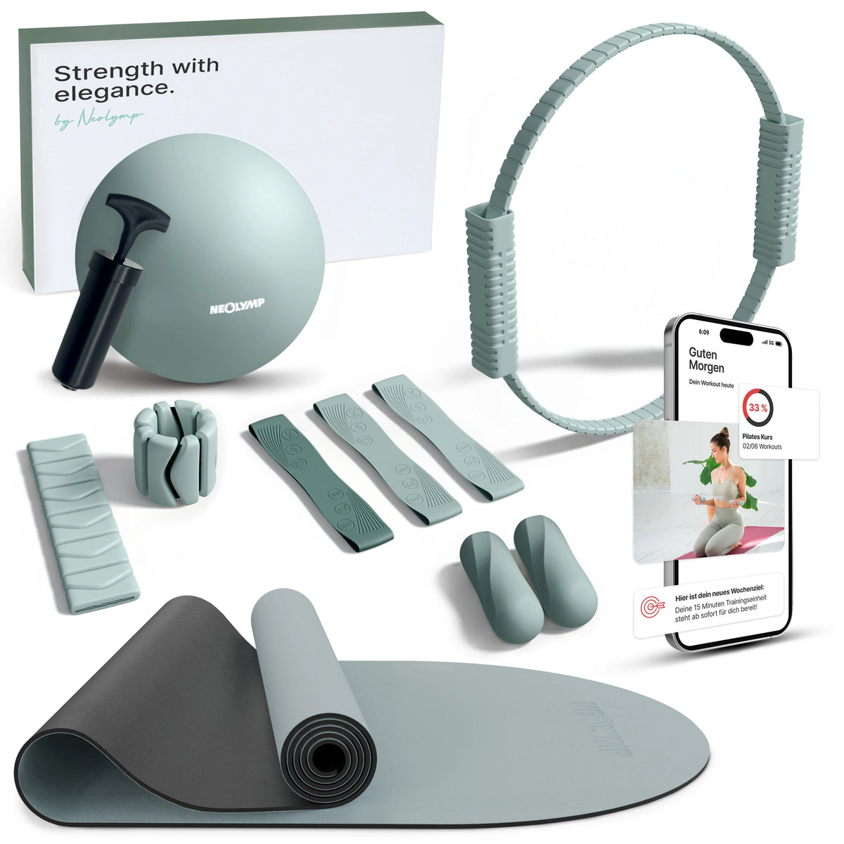 Pilates Komplett-Set Premium - mit Geschenkbox - Sky Blue PRO Set: mit Pilatesmatte + Kurs - Sportgerät von NEOLYMP | Fitnessequipment und Sportartikel