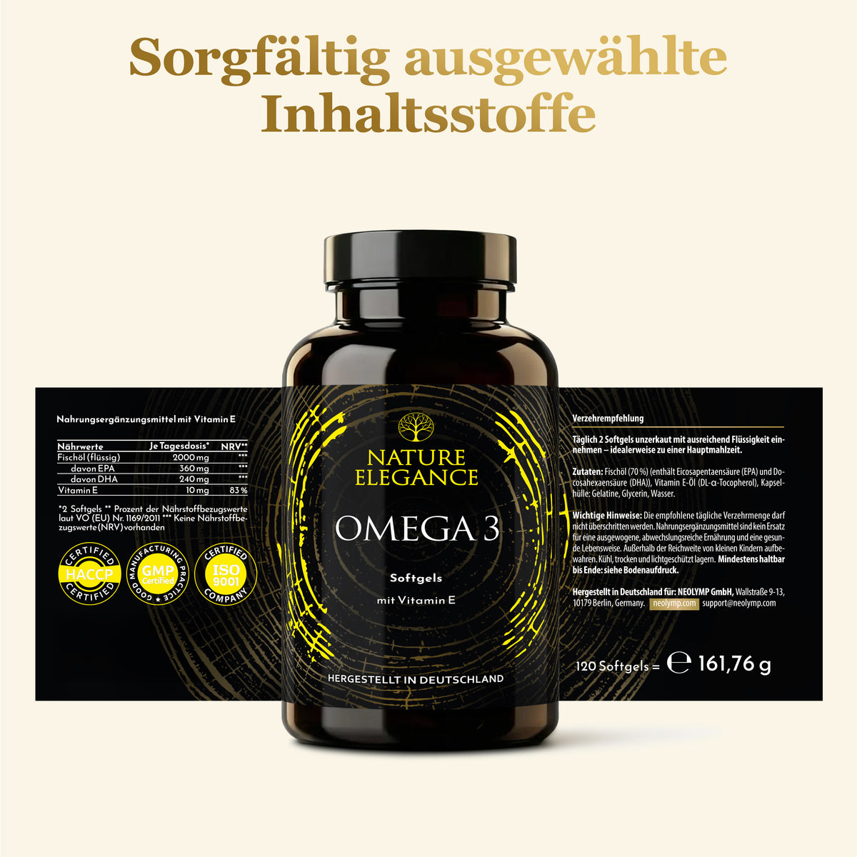 Nature Elegance - Omega 3 - Hoher Anteil an Vitamin E, DHA & EPA (2er Pack) - - Nahrungsergänzungsmittel von NEOLYMP | Fitnessequipment und Sportartikel