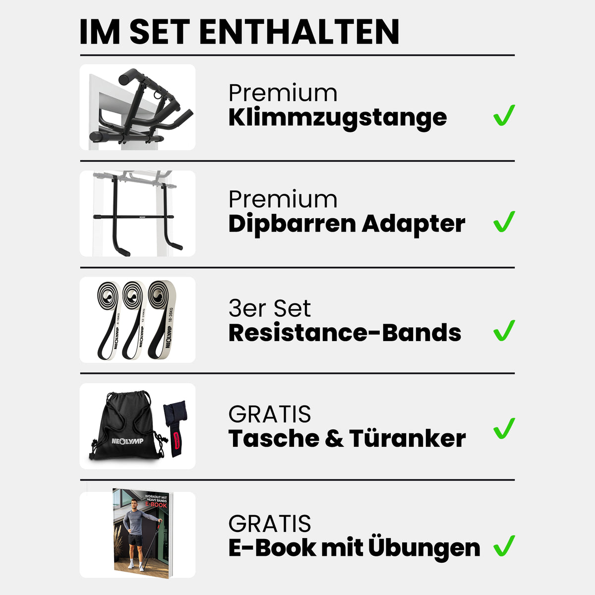 Klimmzugstangen-Bundle - Alle Übungen, volle Bewegungsfreiheit - Stange + Dip Bar + Resistance Bands - Klimmzugstangen von NEOLYMP | Fitnessequipment und Sportartikel