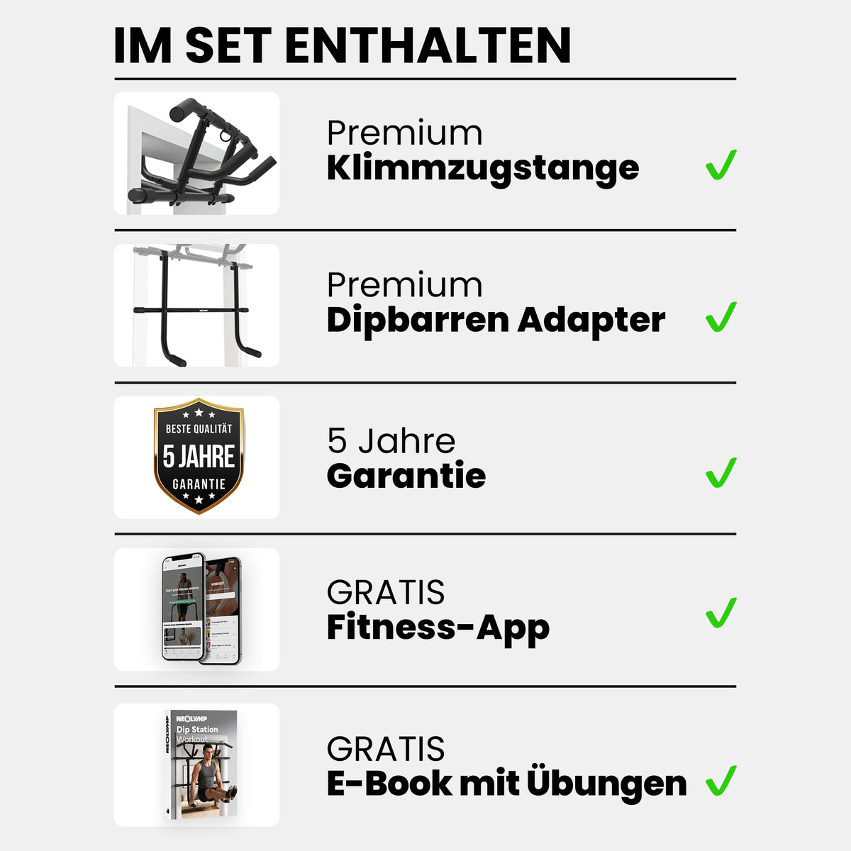 Klimmzugstangen-Bundle - Alle Übungen, volle Bewegungsfreiheit - Stange + Dip Bar Adapter - Klimmzugstangen von NEOLYMP | Fitnessequipment und Sportartikel