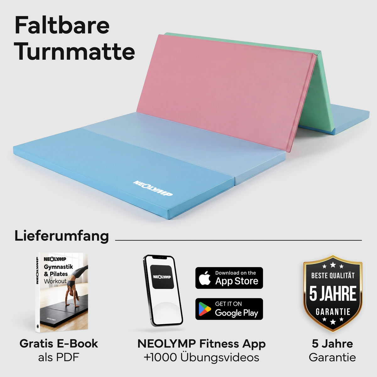 Turnmatte - faltbar mit Tragefunktion - Bunt L (200x100x3 cm) - von NEOLYMP | Fitnessequipment und Sportartikel