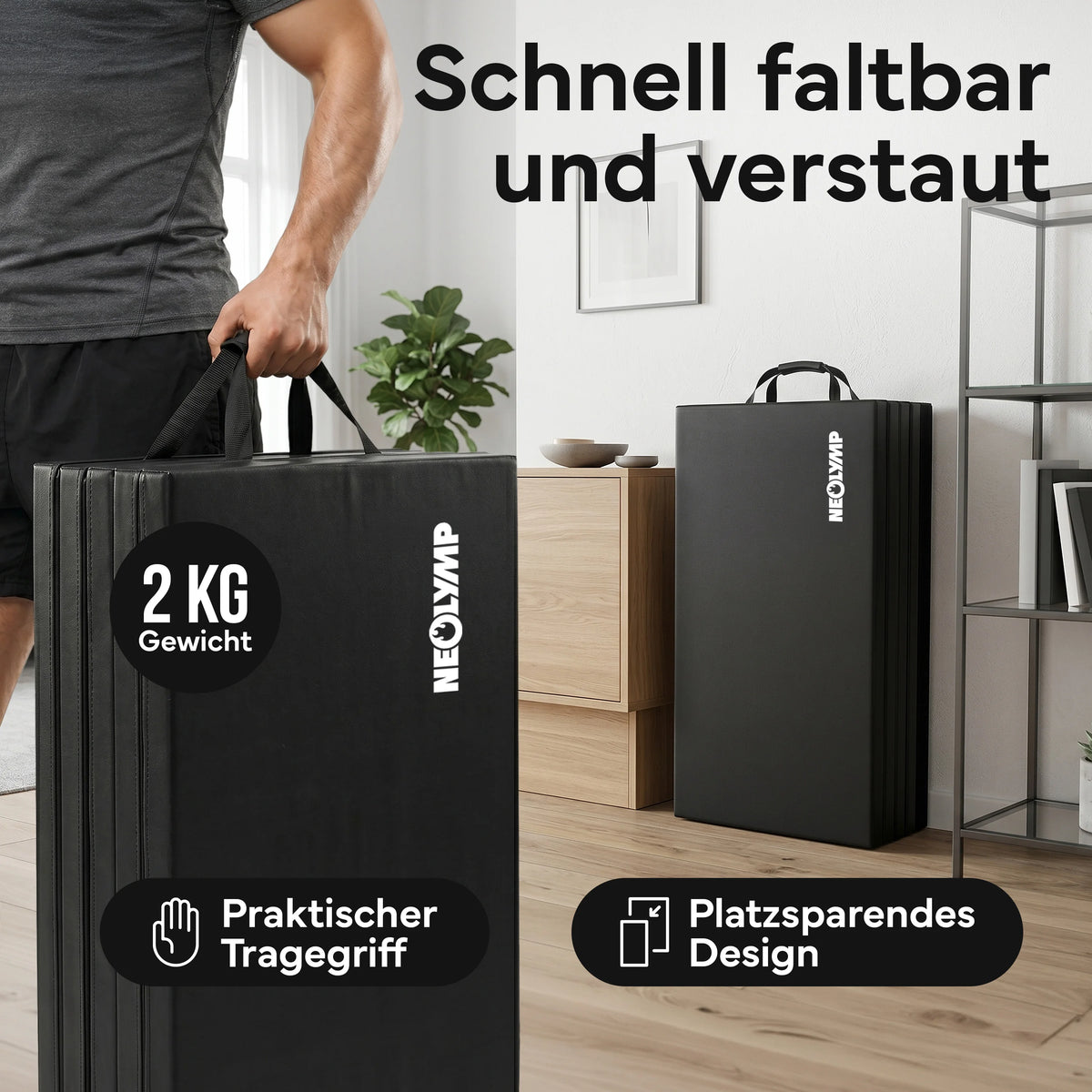Turnmatte - faltbar mit Tragefunktion - Schwarz M (190x80x5 cm) - von NEOLYMP | Fitnessequipment und Sportartikel