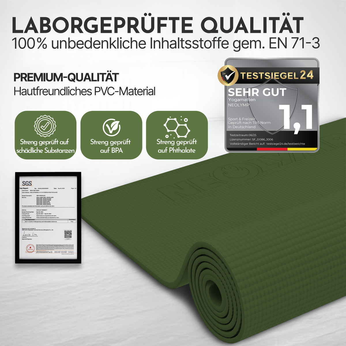 Yogamatte – ideal für Yoga, Pilates & Gymnastik – Olivgrün | B-Ware - - Outlet von NEOLYMP | Fitnessequipment und Sportartikel