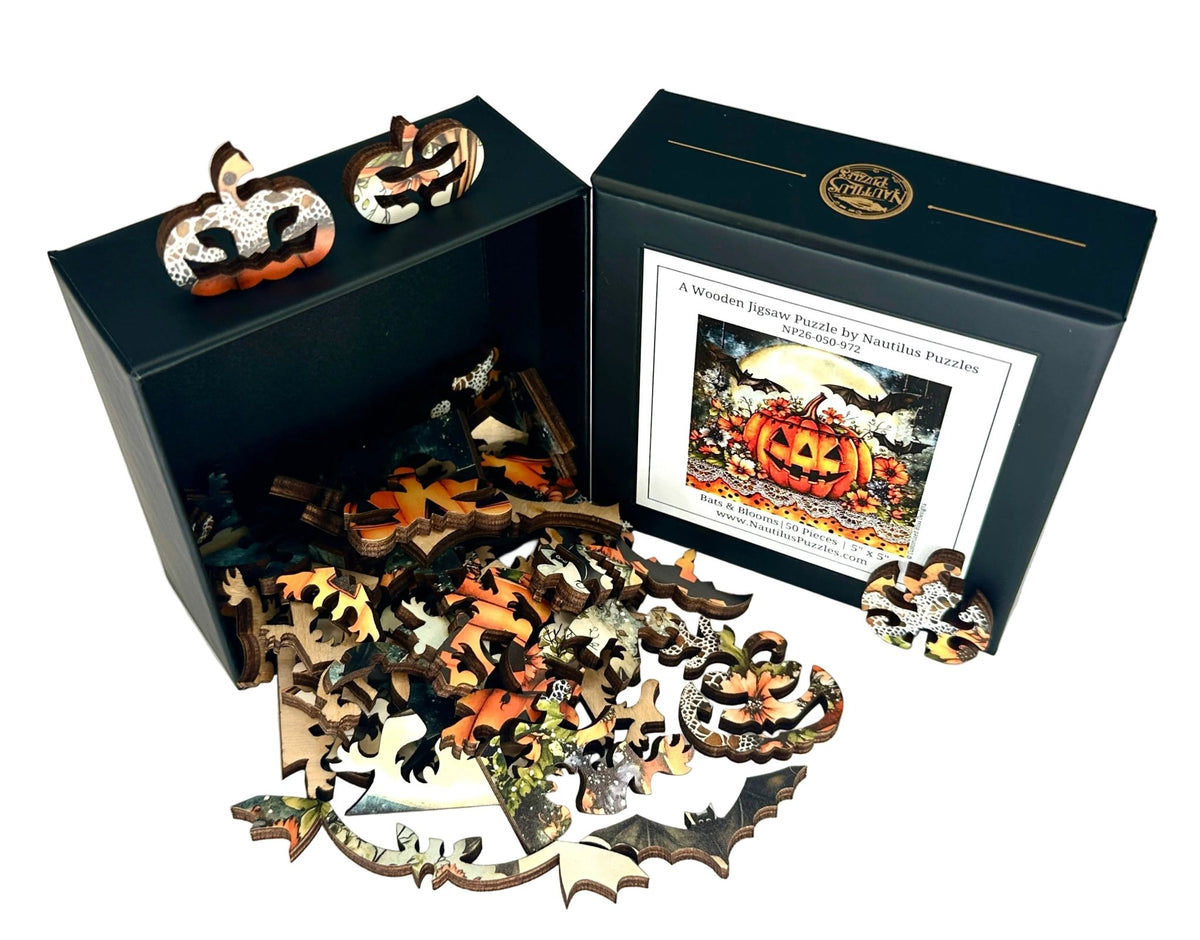 Bats & Blooms (50 Piece Mini Halloween Wooden Jigsaw Puzzle) - Nautilus Puzzles - Wooden Jigsaw Puzzles For Adults