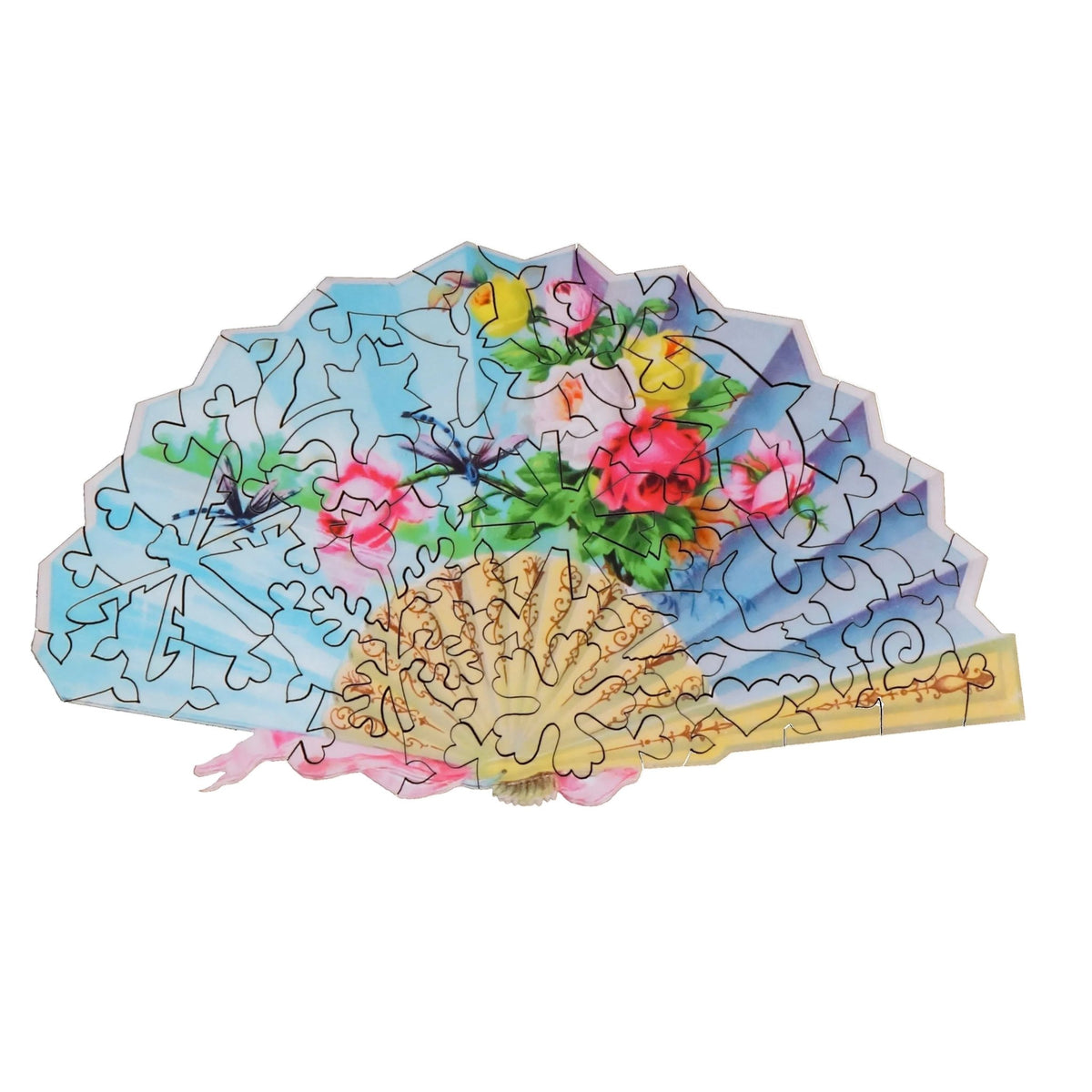 Floral Fan with Dragonflies - 54 Piece Shaped Mini Wooden Jigsaw Puzzle - Nautilus Puzzles - Wooden Jigsaw Puzzles For Adults