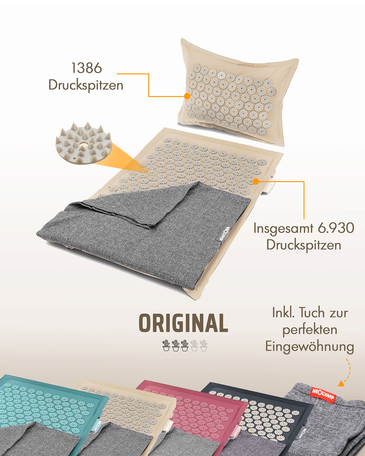 Akupressurmatte mit Kissen inkl. Stuhlbefestigung & Tragefunktion – Beige-Grau (B‑Ware) - - Outlet von NEOLYMP | Fitnessequipment und Sportartikel