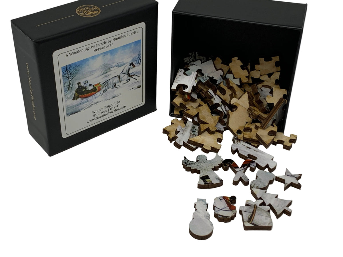 Winter Sleigh Ride (51 Piece Mini Christmas Wooden Jigsaw Puzzle) - Nautilus Puzzles - Wooden Jigsaw Puzzles For Adults