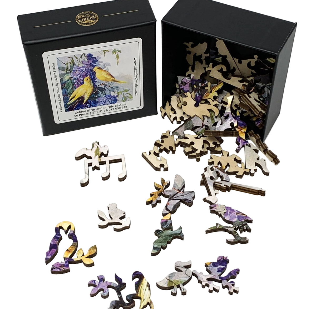 Golden Birds and Purple Blooms (50 Piece Mini Wooden Jigsaw Puzzle) - Nautilus Puzzles - Wooden Jigsaw Puzzles For Adults