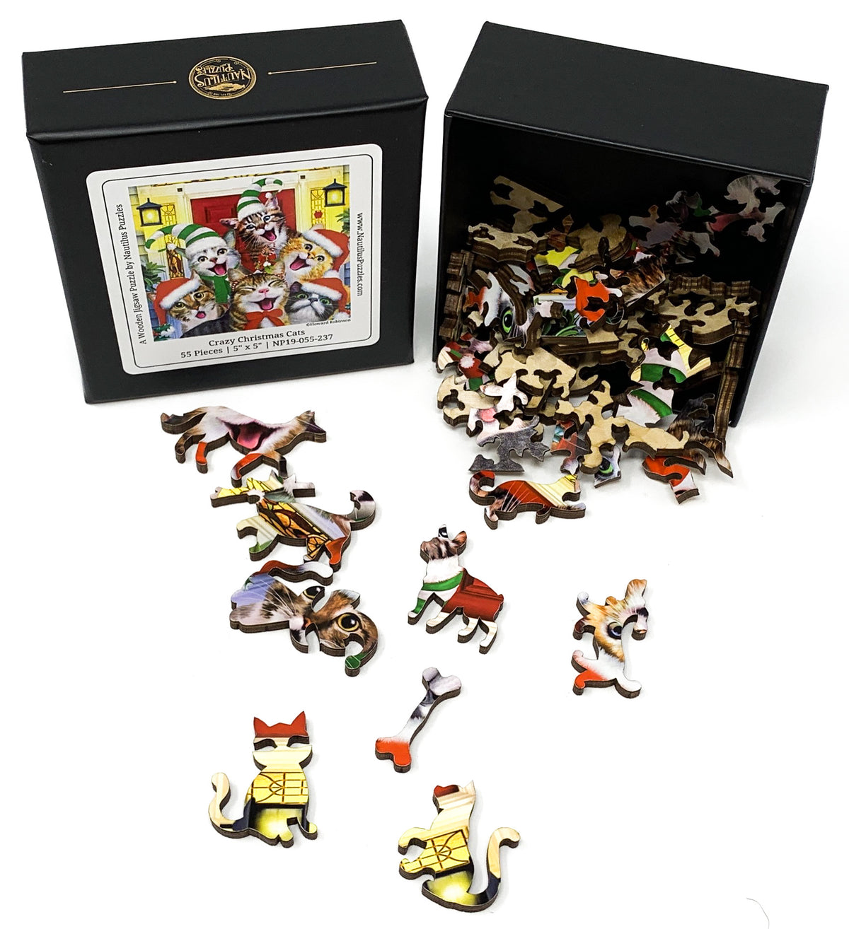 Crazy Christmas Cats (55 Piece Mini Christmas Wooden Jigsaw Puzzle) - Nautilus Puzzles - Wooden Jigsaw Puzzles For Adults