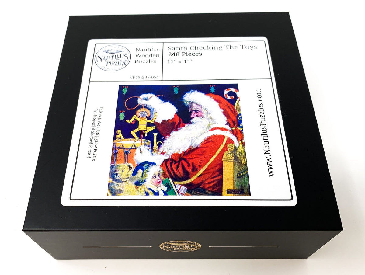 Santa Checking The Toys (248 Pieces) Christmas Wooden Jigsaw Puzzle by Norman Price - Nautilus Puzzles - Wooden Jigsaw Puzzles For Adults