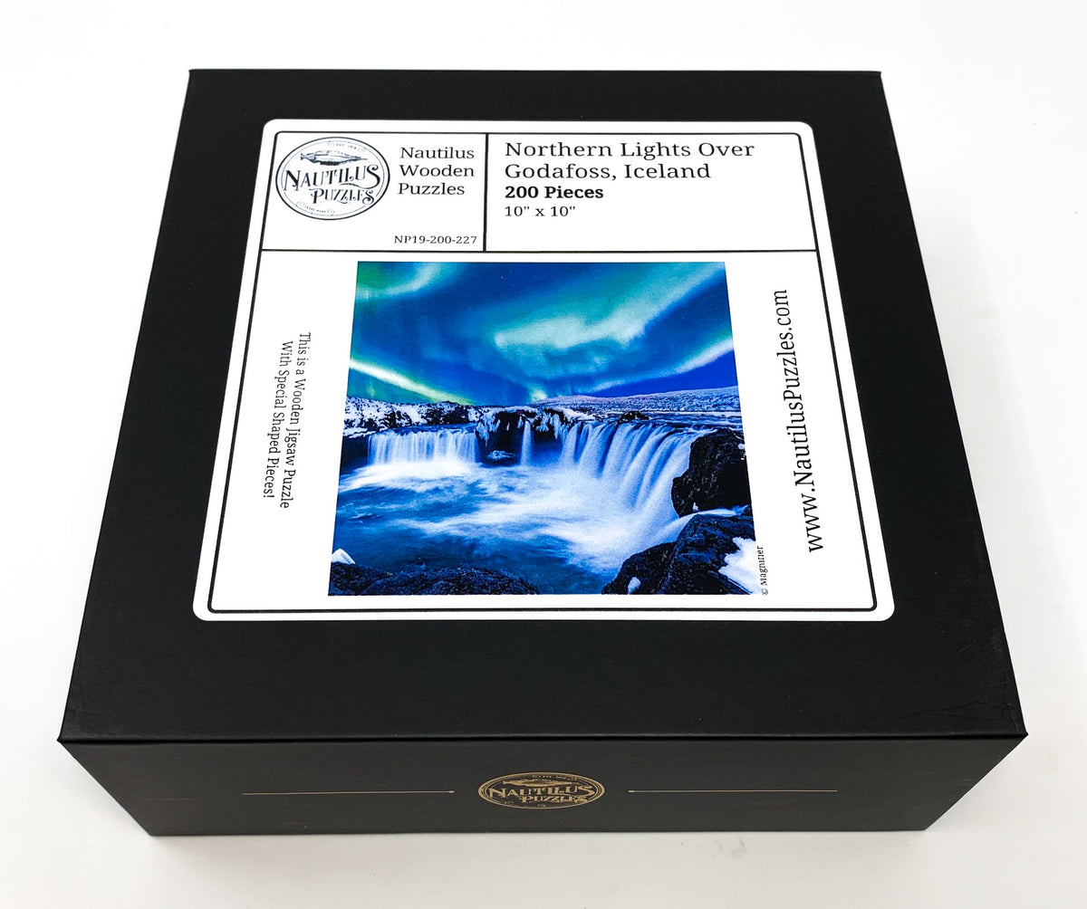 Northern Lights Over Godafoss, Iceland - 200 Piece Wooden Jigsaw Puzzle - Nautilus Puzzles - Wooden Jigsaw Puzzles For Adults
