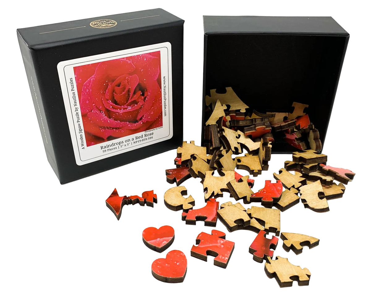 Raindrops on a Red Rose - 59 Piece Mini Valentine's Day Wooden Puzzle - Nautilus Puzzles - Wooden Jigsaw Puzzles For Adults
