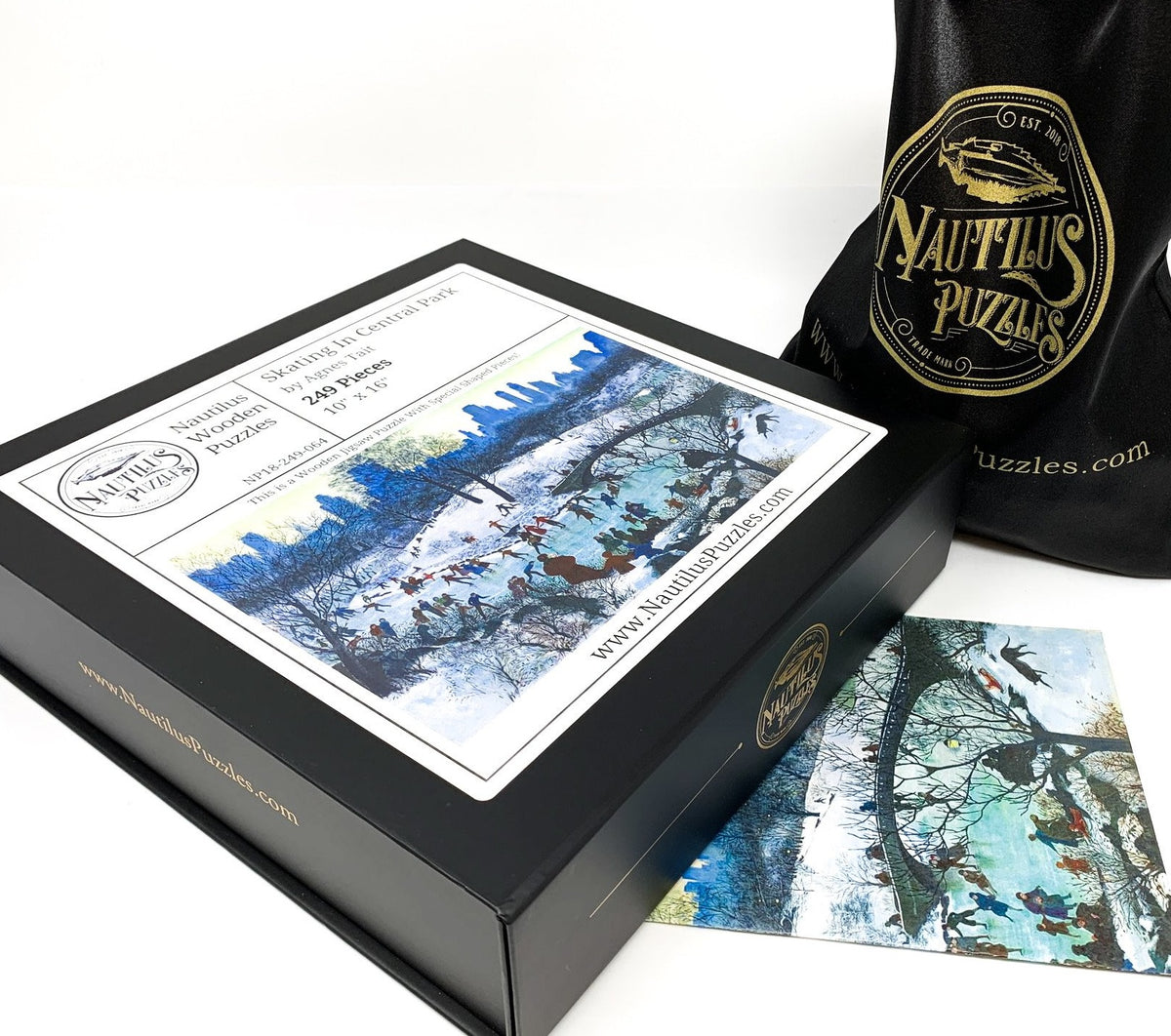 Skating In Central Park (249 Piece Wooden Christmas Puzzle) - Nautilus Puzzles - Wooden Jigsaw Puzzles For Adults