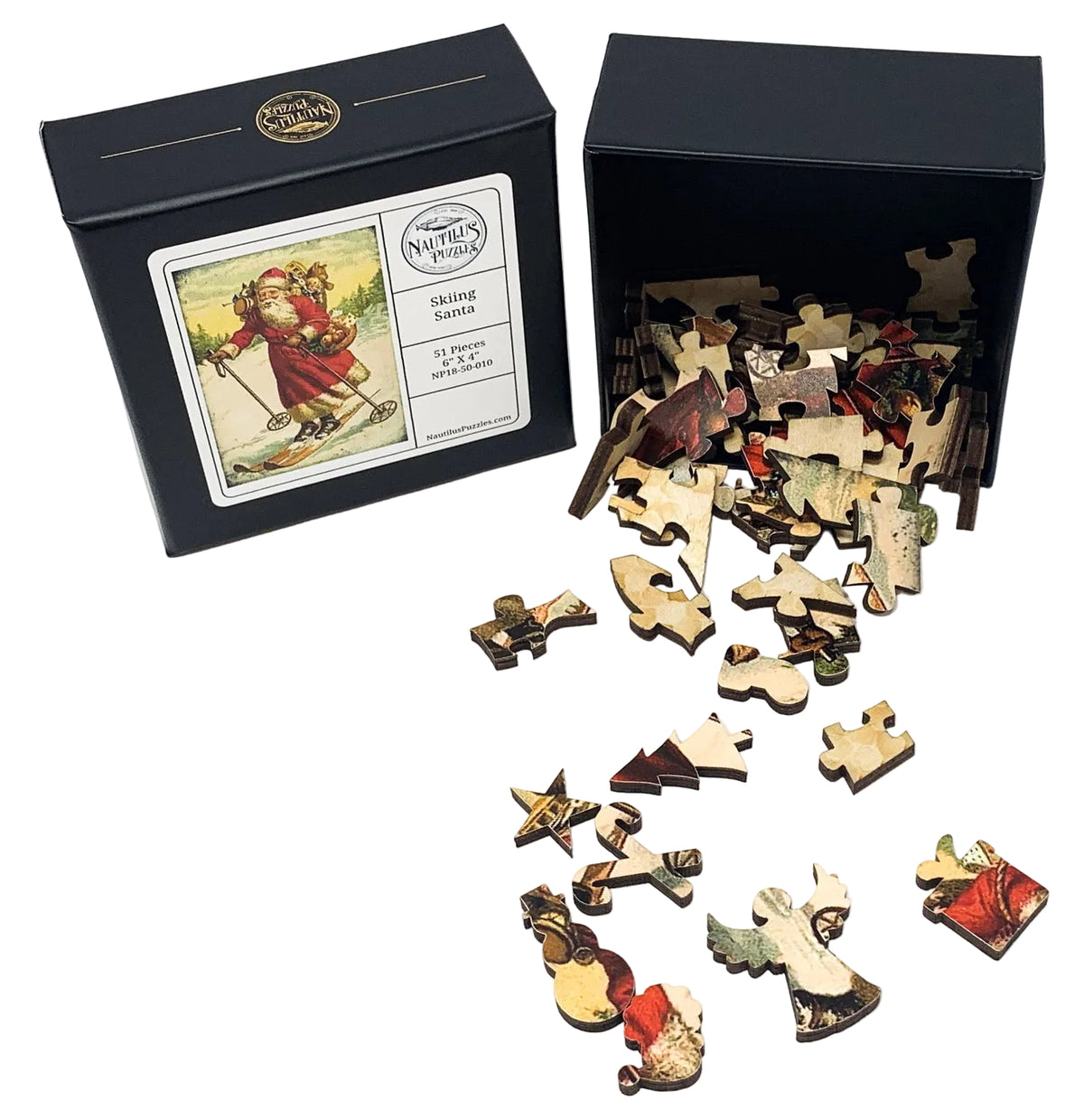 Skiing Santa (Victorian Santa 4) (50 Pieces), Mini Wooden Jigsaw Puzzle - Nautilus Puzzles - Wooden Jigsaw Puzzles For Adults