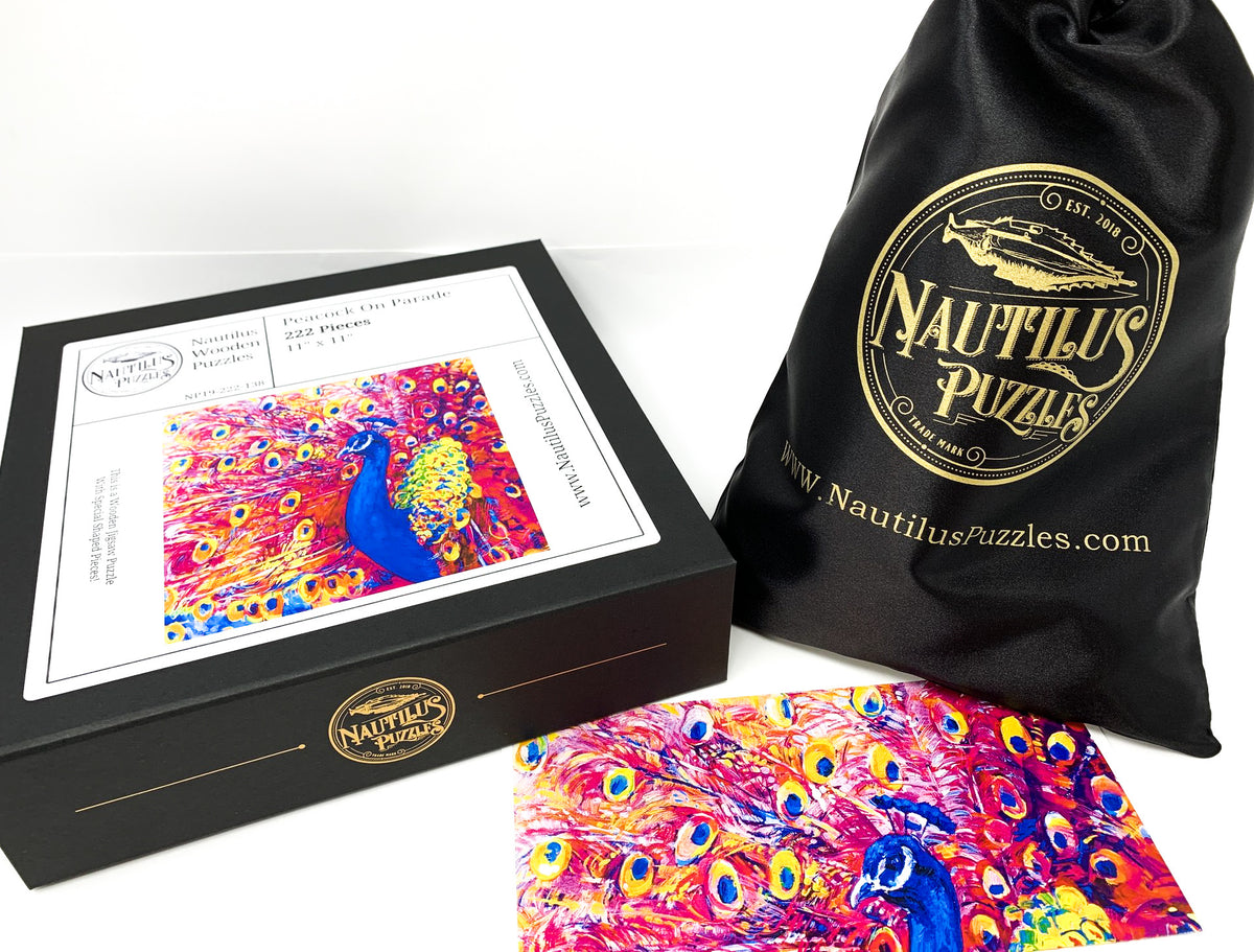 Peacock on Parade - 222 Piece Wooden Jigsaw Puzzle - Nautilus Puzzles - Wooden Jigsaw Puzzles For Adults