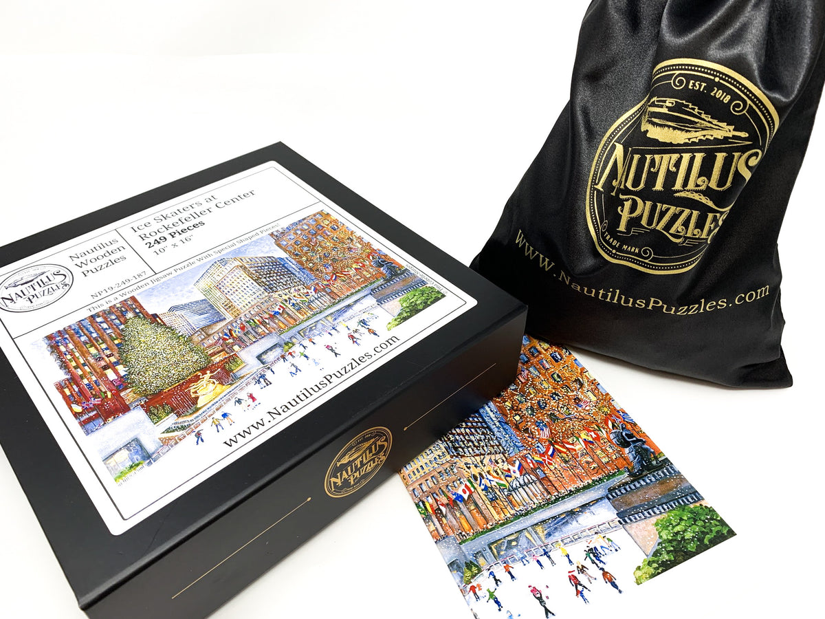 Ice Skaters at Rockefeller Center (249 Piece Wooden Christmas Puzzle) - Nautilus Puzzles - Wooden Jigsaw Puzzles For Adults