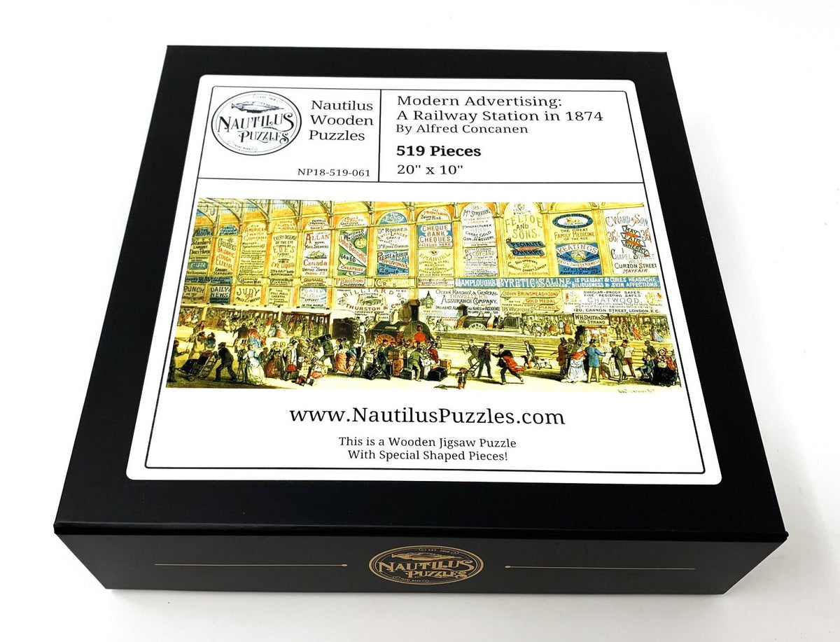 Modern Advertising: A Railway Station in 1874 (519 Pieces) Wooden Jigsaw Puzzle - Nautilus Puzzles - Wooden Jigsaw Puzzles For Adults