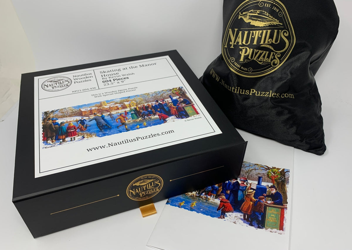 Skating at the Manor House (604 Piece Wooden Christmas Jigsaw Puzzle) - Nautilus Puzzles - Wooden Jigsaw Puzzles For Adults
