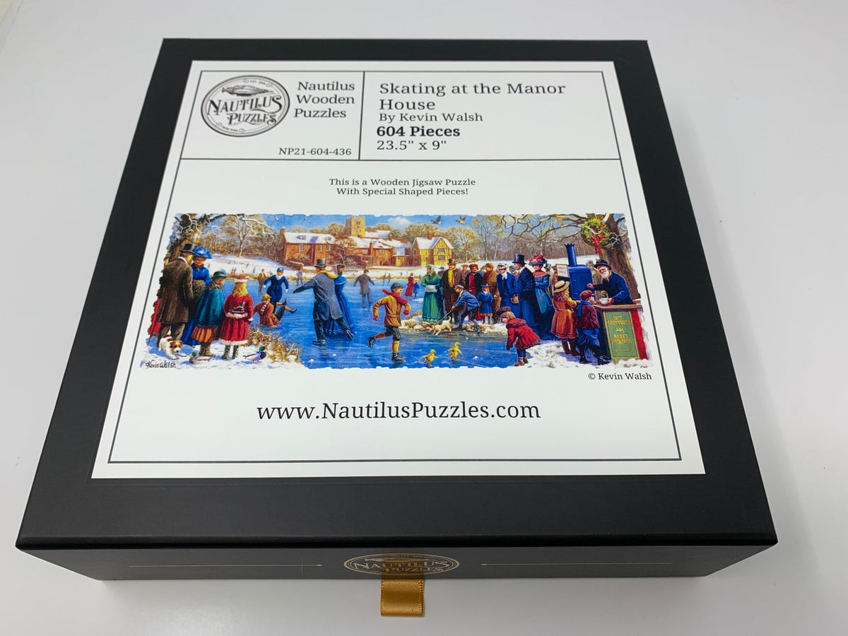 Skating at the Manor House (604 Piece Wooden Christmas Jigsaw Puzzle) - Nautilus Puzzles - Wooden Jigsaw Puzzles For Adults