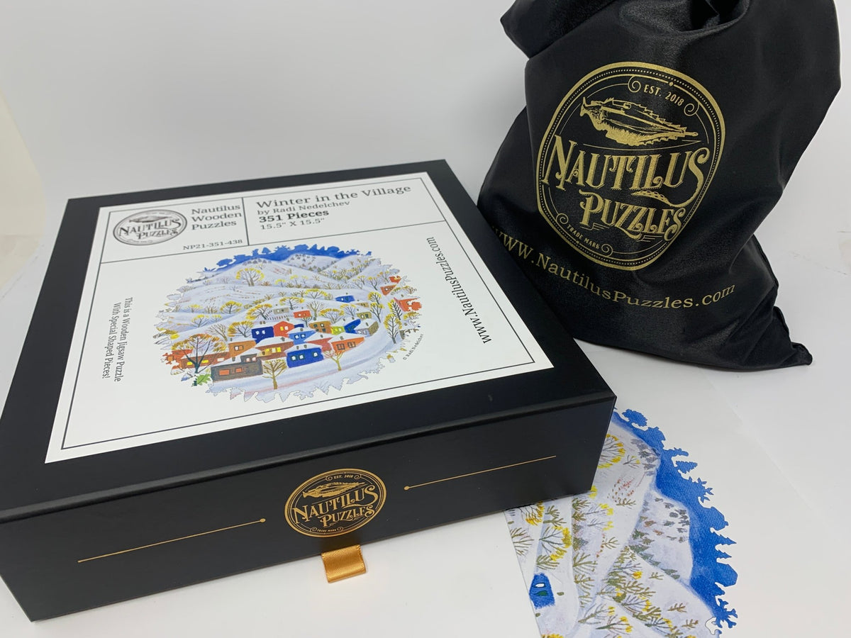 Winter in the Village- 351 Piece Wooden Jigsaw Puzzle - Nautilus Puzzles - Wooden Jigsaw Puzzles For Adults